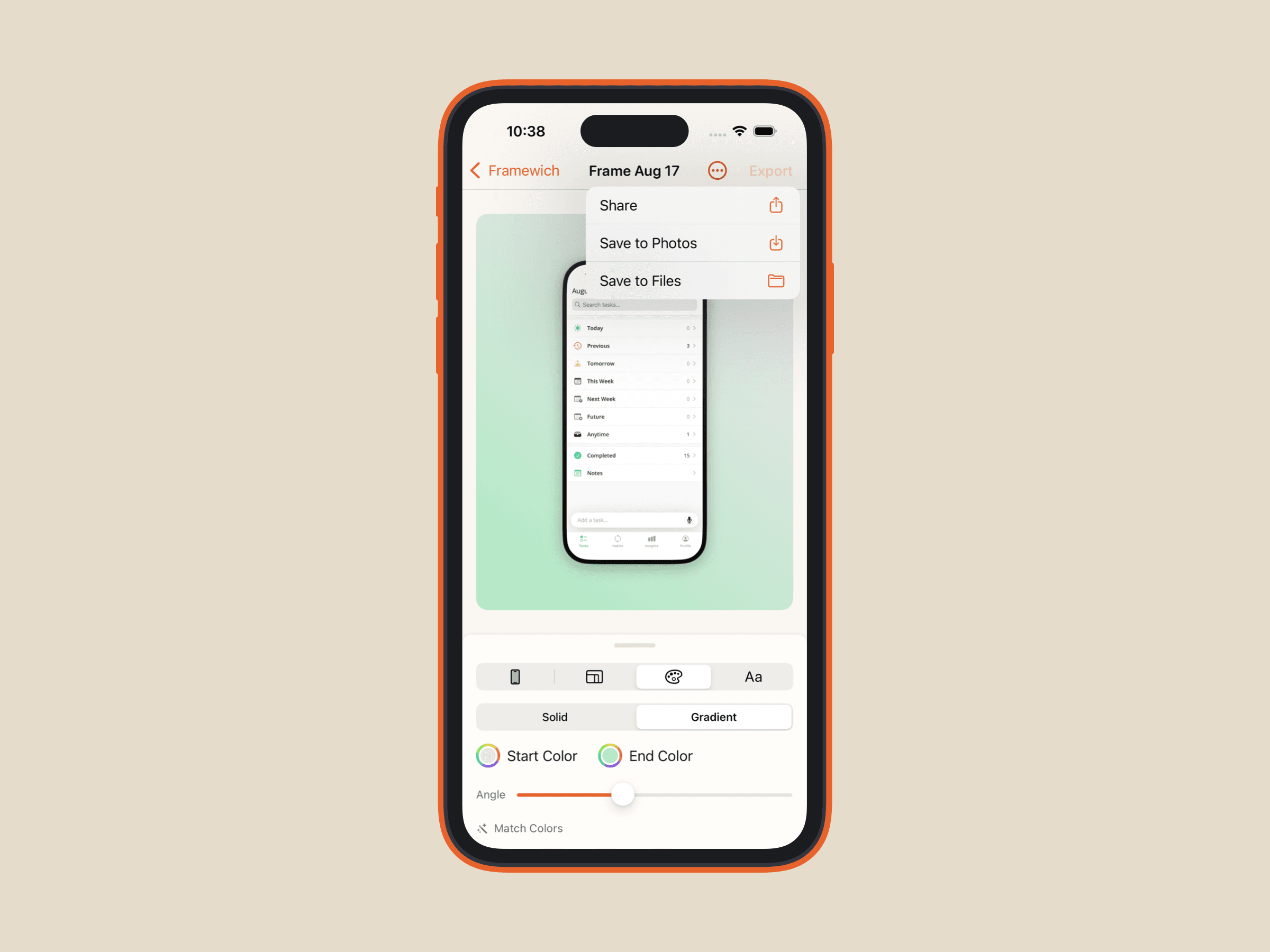 The Framewich export menu with share, Photos and Files options